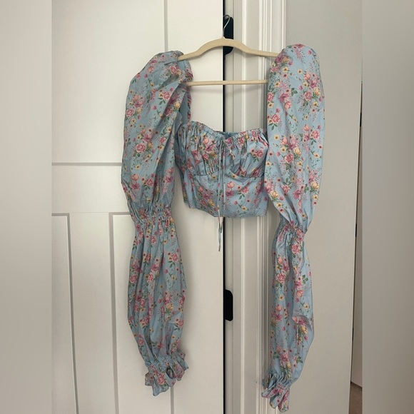 House of CB Millicent Top Blue Floral Puff Long Sleeve Tie Front Blouse - Picture 3 of 6